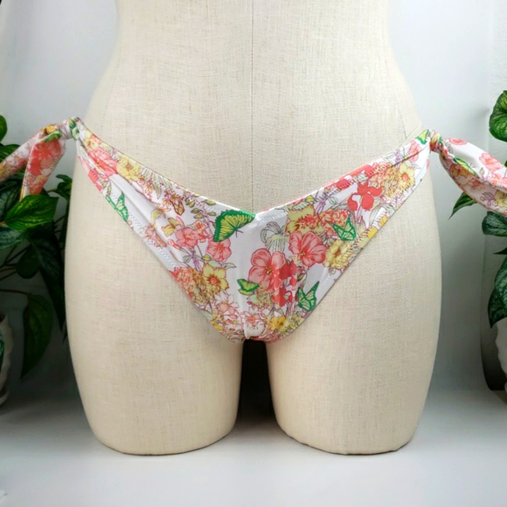 Victoria's Secret Bikini Bottoms Side Tie White Peach Yellow Floral sz Large